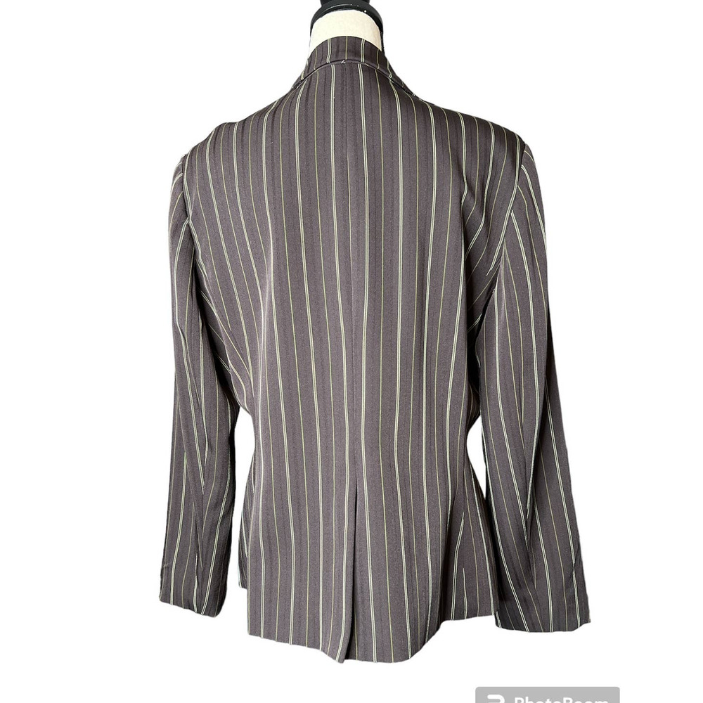 Bob Mackie Womens Jacket Size 14 in Brown w/Green Stripe and Matching Floral Pin - Picture 4 of 6
